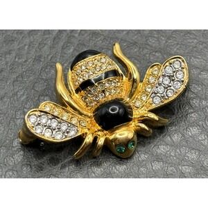 VTG MFA 1993 Enamel Bee Insect Brooch Black Glass Rhinestone Crystal Pin